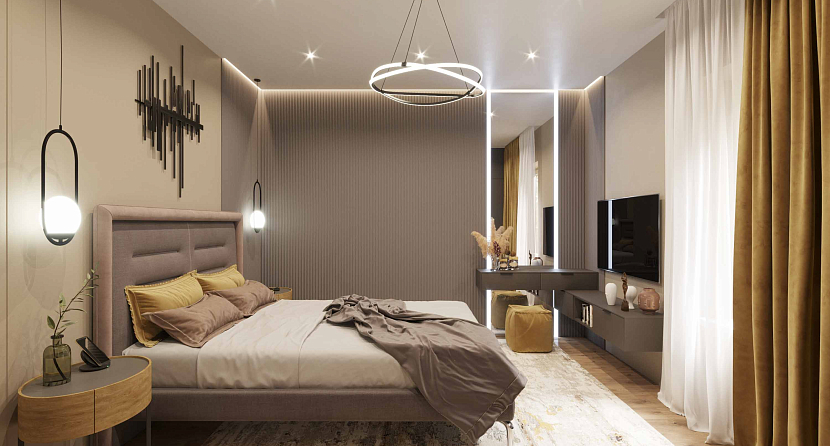 Дизайн спальни со светом и шторами