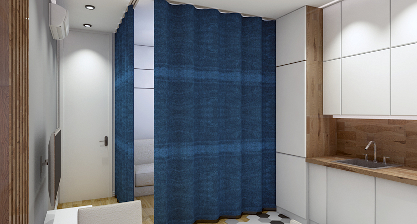 Дизайн ванной с синими шторами