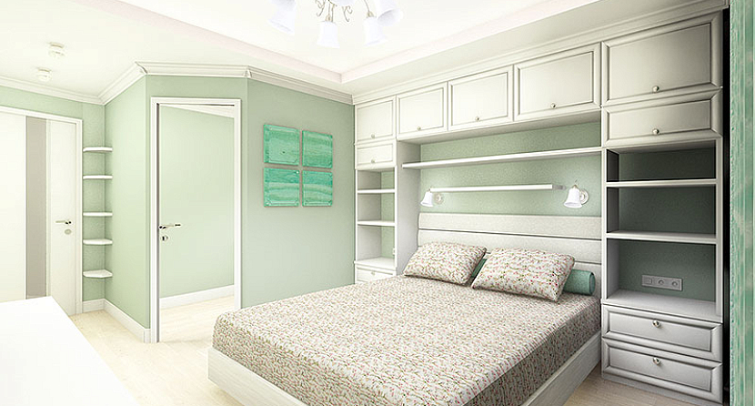 Зелена спальня в светлых тонах